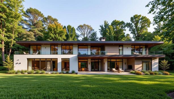 A linear modern home featuring tall windows and green lawn stretching into trees. photo