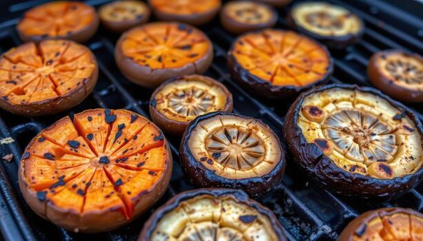 Slices of sweet potato and portobello mushrooms roasting on a barbecue with subtle char marks. photo