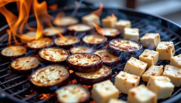 Eggplant slices and tofu cubes sizzling on a flaming barbecue grill. photo