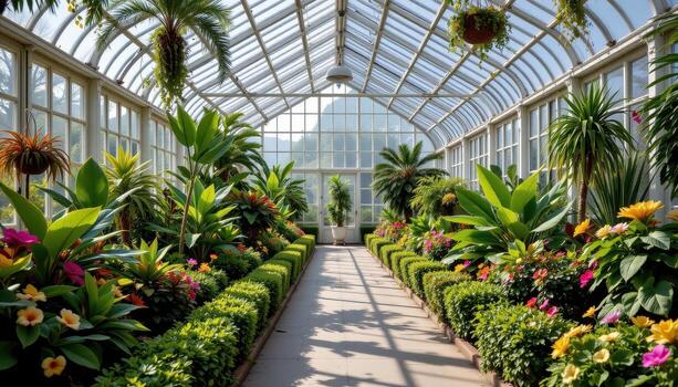 A spacious botanical greenhouse with high glass panels, tropical plants, ferns, and flowering shrubs neatly arranged in rows. photo