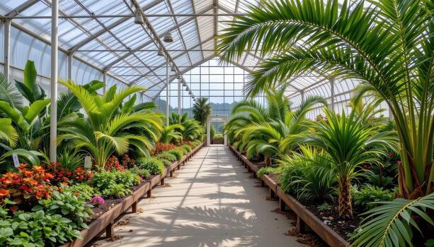 A large tropical greenhouse with palm trees, ferns, and flowering shrubs arranged neatly along benches. photo