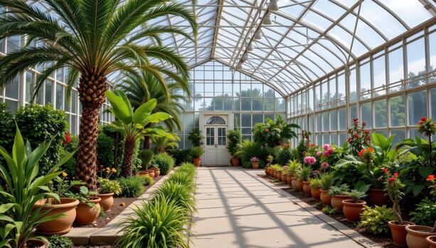 A large botanical greenhouse with transparent panels, terracotta pots, palm trees, tropical plants, and flowering shrubs in neat rows. photo