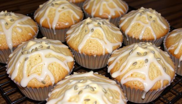 Lemon poppy seed muffins with slightly domed tops and sugar glaze highlighting tiny seeds. photo