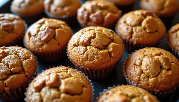 Pumpkin spice muffins with soft interiors, lightly browned tops, and flecks of cinnamon and nutmeg visible. photo