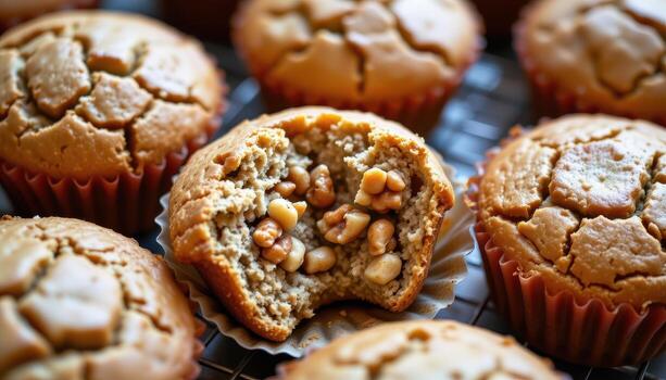 Banana nut muffins with cracked tops, tender crumb, and chopped walnuts embedded in soft interiors. photo