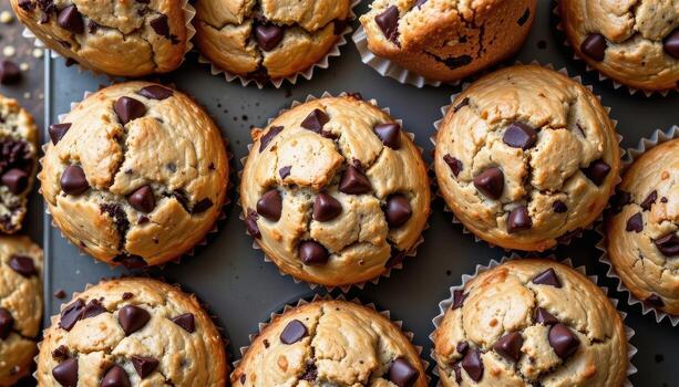 Chocolate chip muffins with cracked tops, soft interiors, and gooey chocolate chunks scattered inside. photo