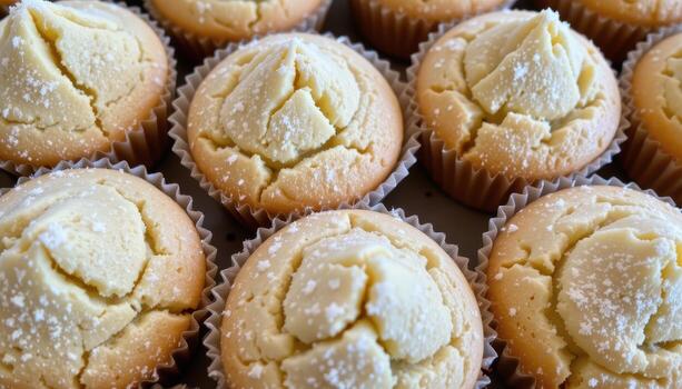 Vanilla muffins with sugar crystals sparkling on domed tops, soft crumb, and paper liners slightly peeling. photo