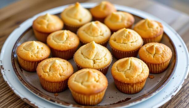 A batch of vanilla muffins with soft golden tops, arranged in a circular pattern on a rustic plate. photo