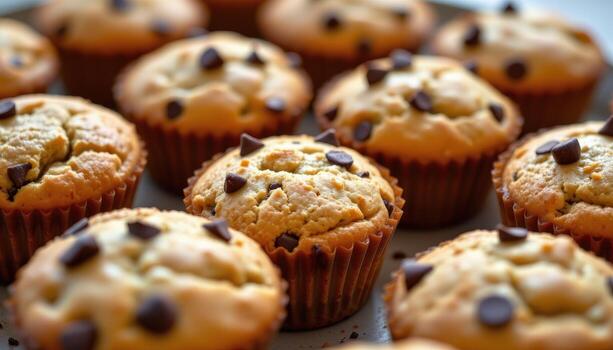 Banana chocolate chip muffins with golden tops and chocolate chunks scattered across the surface. photo