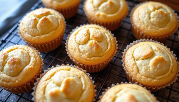 Vanilla muffins with golden tops and soft fluffy interiors, arranged neatly on a cooling rack. photo