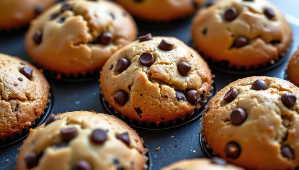 Chocolate chip muffins with soft domed tops, chocolate pieces embedded in warm golden surfaces. photo