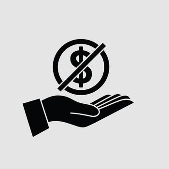 Black silhouette of a hand holding a dollar sign with a diagonal line through it on a light gray background vector