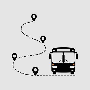 Black bus icon with dashed route and location pins on a light gray background transportation travel vector