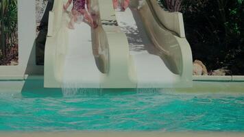 Teen Junge und jung Mädchen Lachen während gleiten in ein Schwimmbad beim ein Wasser Park gefilmt im schleppend Bewegung video