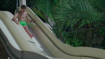 Teenager Junge im Grün schwimmen Stämme gleiten Nieder ein gebogen Wasser rutschen umgeben durch tropisch Grün im sonnig draussen Resort video