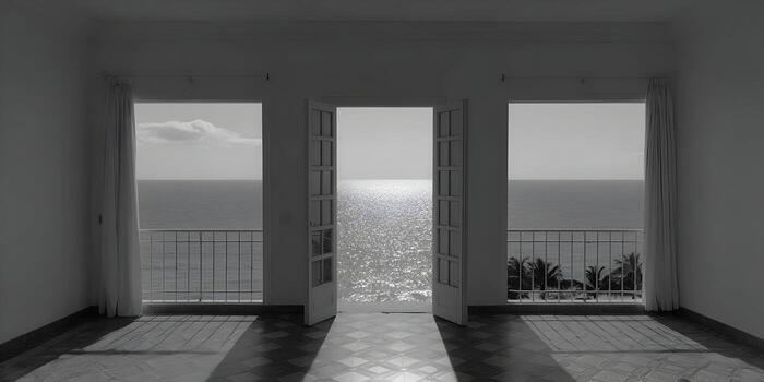 un monocromo vacío habitación con abierto puertas y ventanas revela un maravilloso ver de el espumoso Oceano y distante palma arboles foto