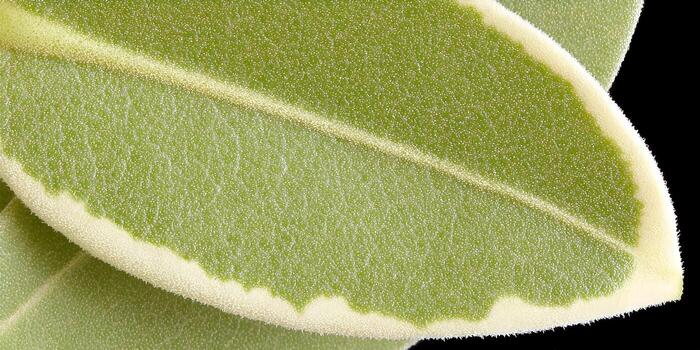 Close up view of a green and cream colored variegated leaf with a visible central vein and fuzzy texture photo