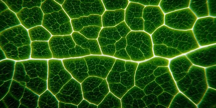 A detailed close up of a vibrant green leaf reveals its intricate glowing vein structure photo
