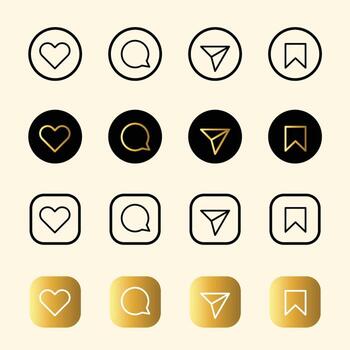 Set of generic social media user interface icons. Like, comment, share and save icons. Social media flat icons gold color illustration vector