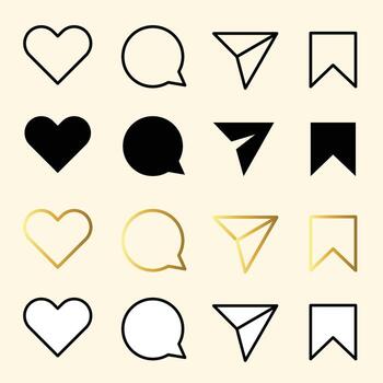 Set of generic social media user interface icons. Like, comment, share and save icons. Social media flat icons gold color vector