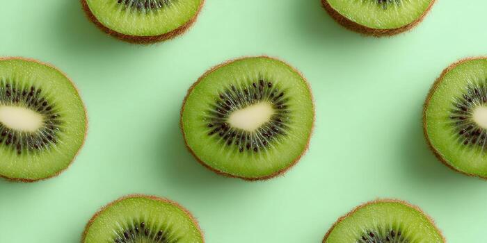 Fresh kiwi slices lay artfully arranged on a vibrant light green surface creating a healthy and refreshing food pattern photo