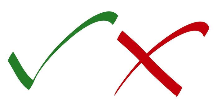 Doodle check mark and cross mark icon set. Tick symbol vector