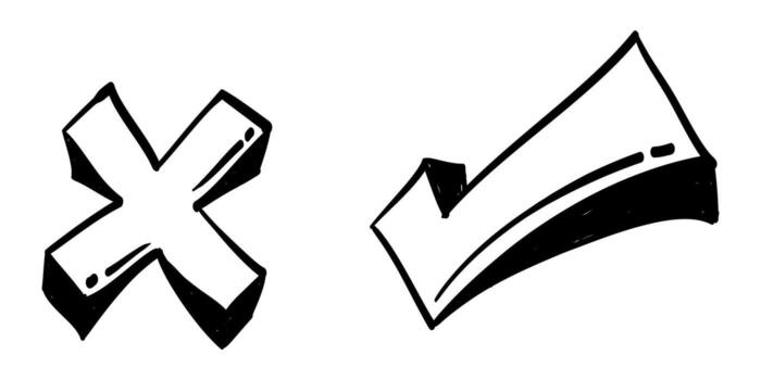 Doodle check mark and cross mark icon set vector