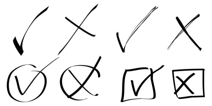 Doodle check mark and cross mark icon set, Tick symbol checklist signs vector