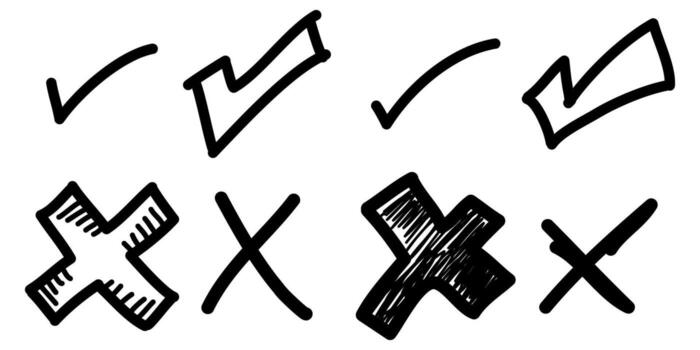 Doodle check mark and cross mark icon set Tick symbol. checklist signs vector