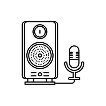 Outline icon of a sound system featuring a loudspeaker and a studio microphone vector