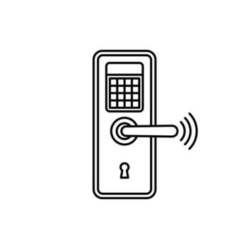 Modern smart door lock line icon featuring digital keypad and wireless access vector