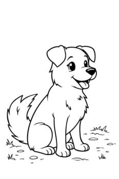 A cheerful and friendly cartoon dog sitting on grass with its mouth open and tongue out presented as a line drawing for coloring vector