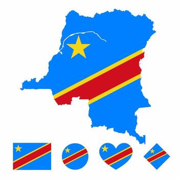 Illustration of Democration Republic of The Congo map flag with flag set isolated on white background. Collection of flag icons with square, circle, love, heart, and rectangle shapes. vector