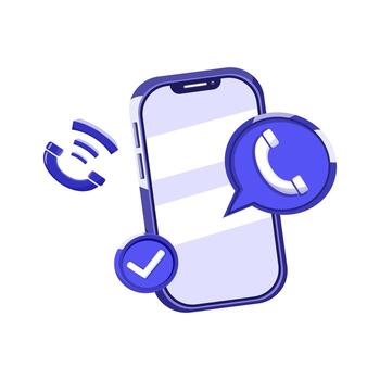 Flat illustration of a smartphone with call and check mark icons representing communication and technology concepts. vector