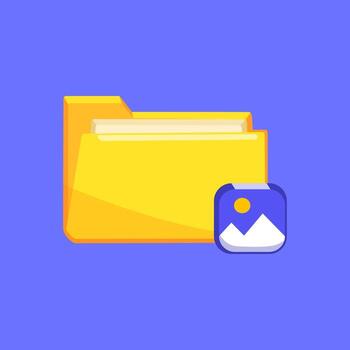 Flat illustration of a yellow folder with an image icon on a blue background ideal for digital storage and file management design. vector