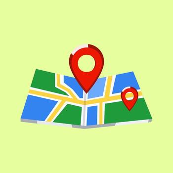 Modern 3D flat map illustration with red location pins representing GPS navigation and travel direction concepts. vector