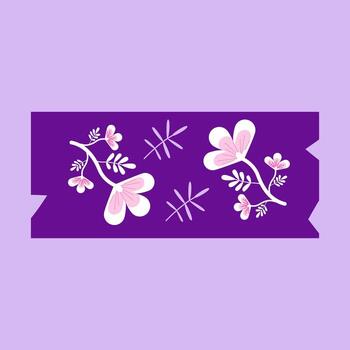 Purple washi tape with floral and leaf patterns ideal for decorative, craft, and stationery design projects. vector