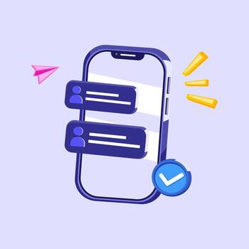 Flat illustration of a smartphone with chat messages and a blue check mark symbol perfect for communication, messaging, and social media design. vector
