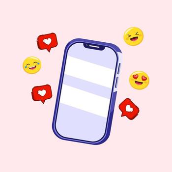Smartphone illustration with emoji and like notifications on a pastel background ideal for social media, engagement, and online interaction concepts. vector