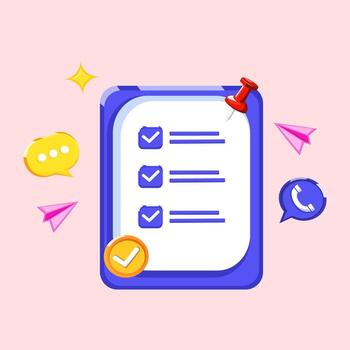 Modern flat illustration of a checklist document surrounded by social media icons and paper planes perfect for productivity and communication themes. vector