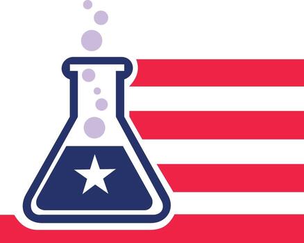 American science and innovation concept with a laboratory flask featuring a star and bubbles against the backdrop of the us flag, isolated on white background vector