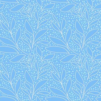 Seamless pattern with abstract shapes leaves and delicate dots on a bright blue background. Simple design for textiles, packaging, stationery, and modern botanical themed vector