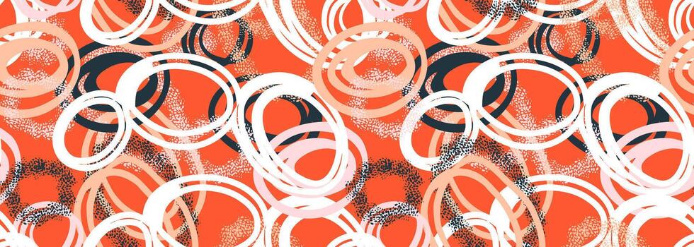 Seamless abstract pattern with dynamic hand drawn circles and textured brush strokes in white, black, and beige on a vibrant orange background. Modern, artistic, and expressive design vector