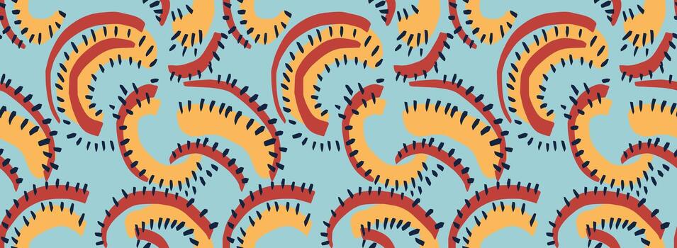 Seamless pattern with abstract curved shapes in red, yellow, and dark blue on a light teal background. Modern geometric design with dynamic, organic movement and contrast vector