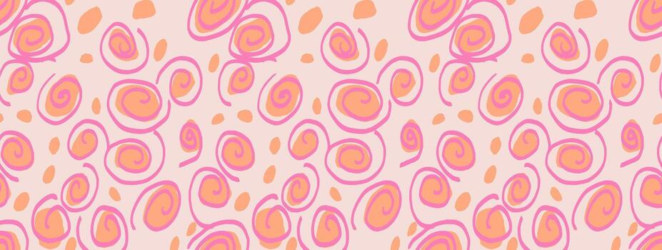 Seamless abstract pattern with playful pink and orange spirals and dots on a light background. Modern doodle design for fabric, wrapping, stationery, and decor vector