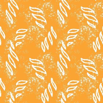 Seamless pattern with abstract white textured leaf shapes and grunge splashes on a vivid orange background. Ideal for modern textiles, packaging, stationery, and digital backgrounds. vector
