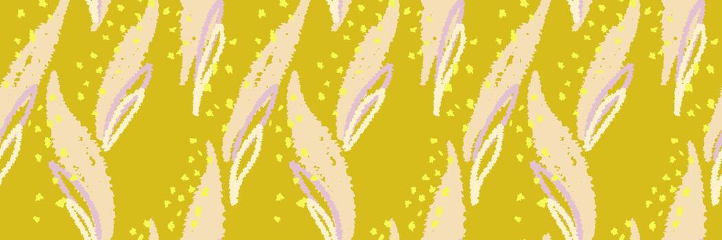 Seamless abstract pattern with flowing leaf like shapes and small dots in beige, lilac, and yellow on a mustard background. Modern organic texture for fabric, wrapping, and decor vector