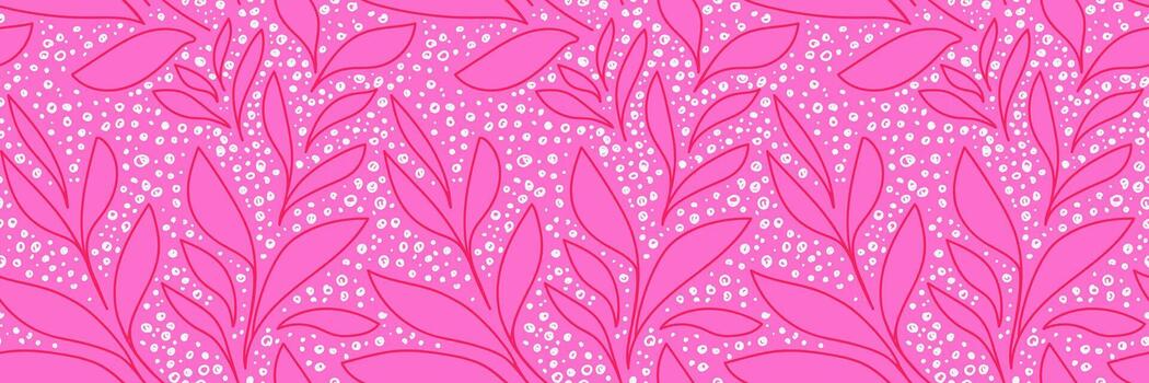 sin costura modelo presentando resumen botánico hojas resumido en rojo en un vibrante rosado fondo, acentuado con mano dibujado blanco puntos sencillo de moda diseño para textiles, embalaje, fondo de pantalla vector