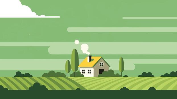 un casa en el medio de un campo con arboles y nubes vector