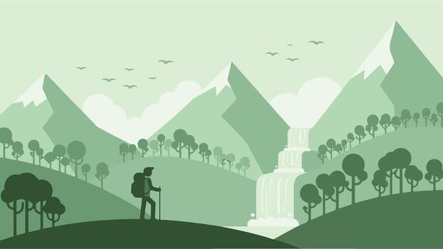 un hombre con un mochila es en pie en frente de un cascada vector